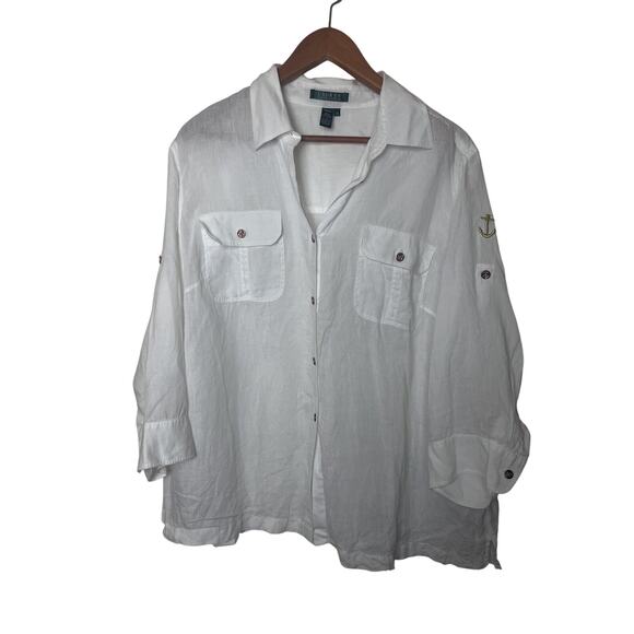 Ralph Lauren 100% Linen Button Up Roll Tab Shirt Women’s 2X White Gold Anchor - Picture 1 of 9